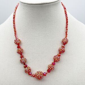 Red Fireball Resin Studded Graduated Luminescent Chunky Beaded Necklace 20” Vtg